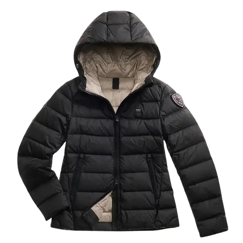 Blauer Piumino Sfiancato Charme Nero Interno Beige Donna con Cappuccio Fisso