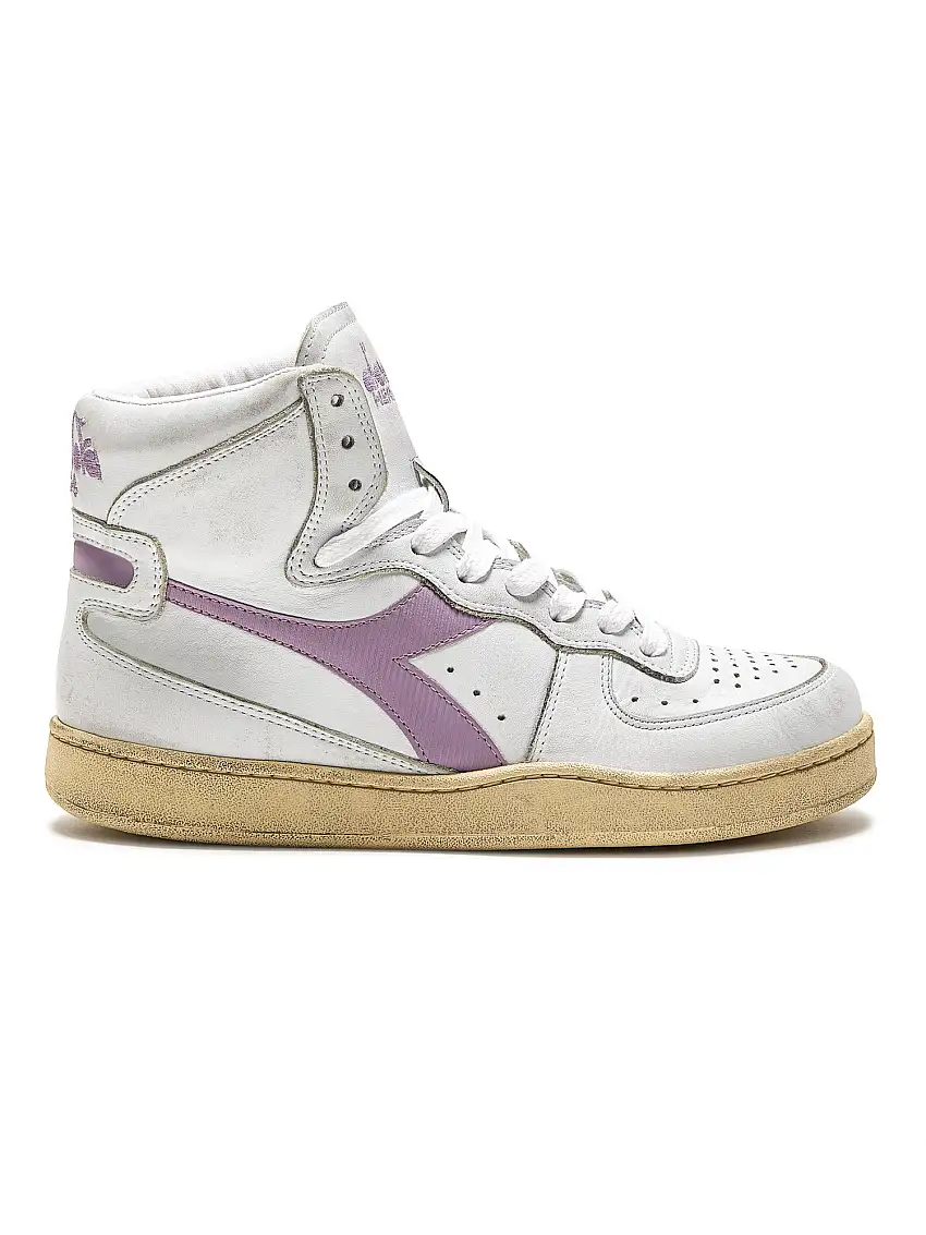 Diadora Heritage Sneaker MI Basket USED in Pelle Premium Stone Wash Bianco Viola Lavanda Unisex