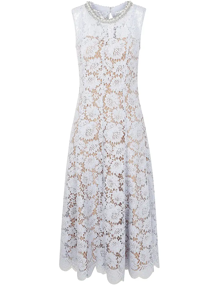 Abito Midi In Pizzo Fine Blu Con Perle 34559262