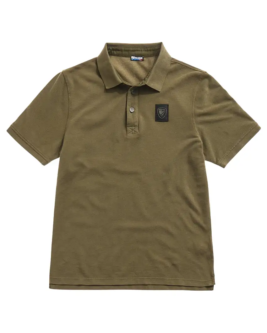 Blauer Polo Piquet 3 Bottoni Con Logo Scudetto Verde Uomo