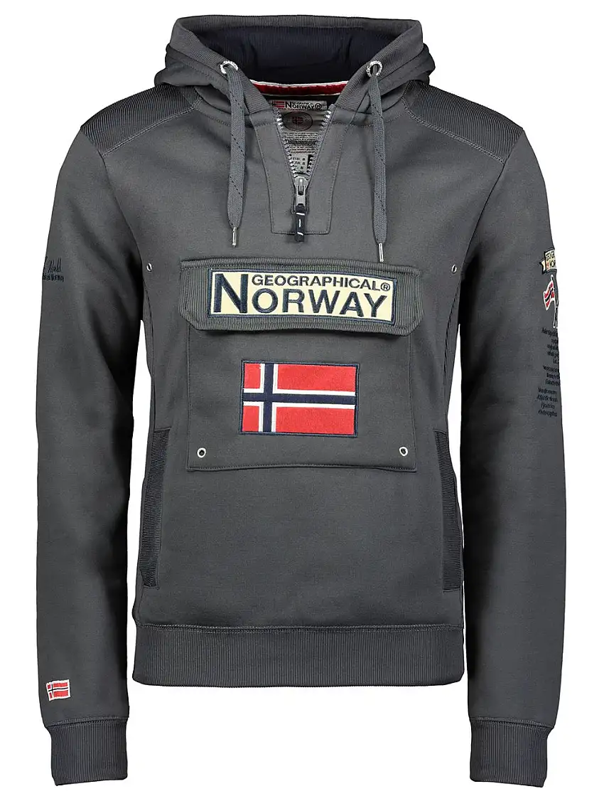 Geographical Norway felpa con cappuccio Grigio Scuro tasca centrale ricami uomo Gymclass