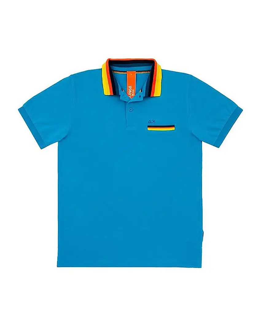 Sun68 Polo Stripes on Collar Cotone Azzurro