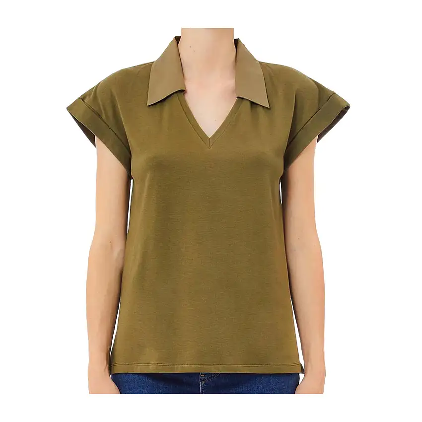 T-shirt Donna con ricamo e colletto a polo